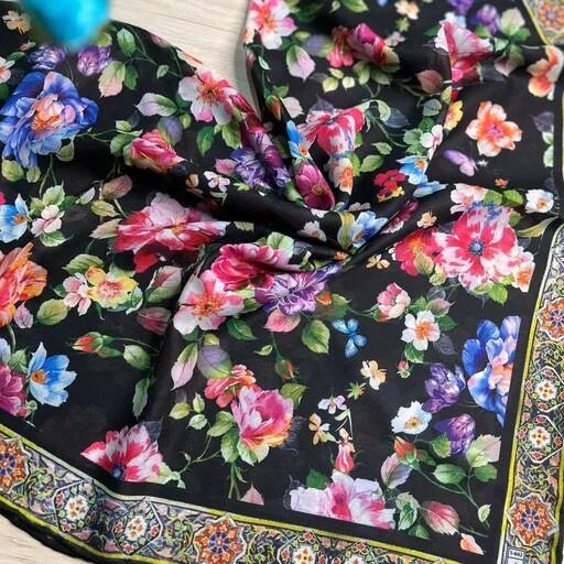 روسری سوپر نخ طرح گلستان قواره 120 دور دست دوز  سبک و خنک